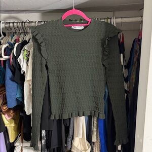 Zara Olive Green Ruffle-Trim Crewneck Sweater